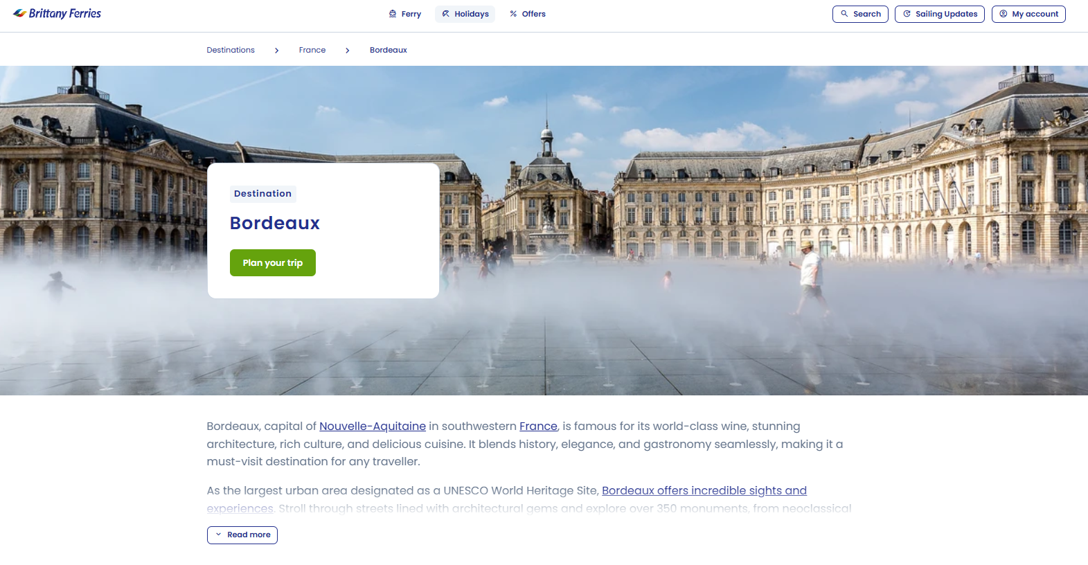 Landing Page dédiée à Bordeaux sur le site de Brittany Ferries